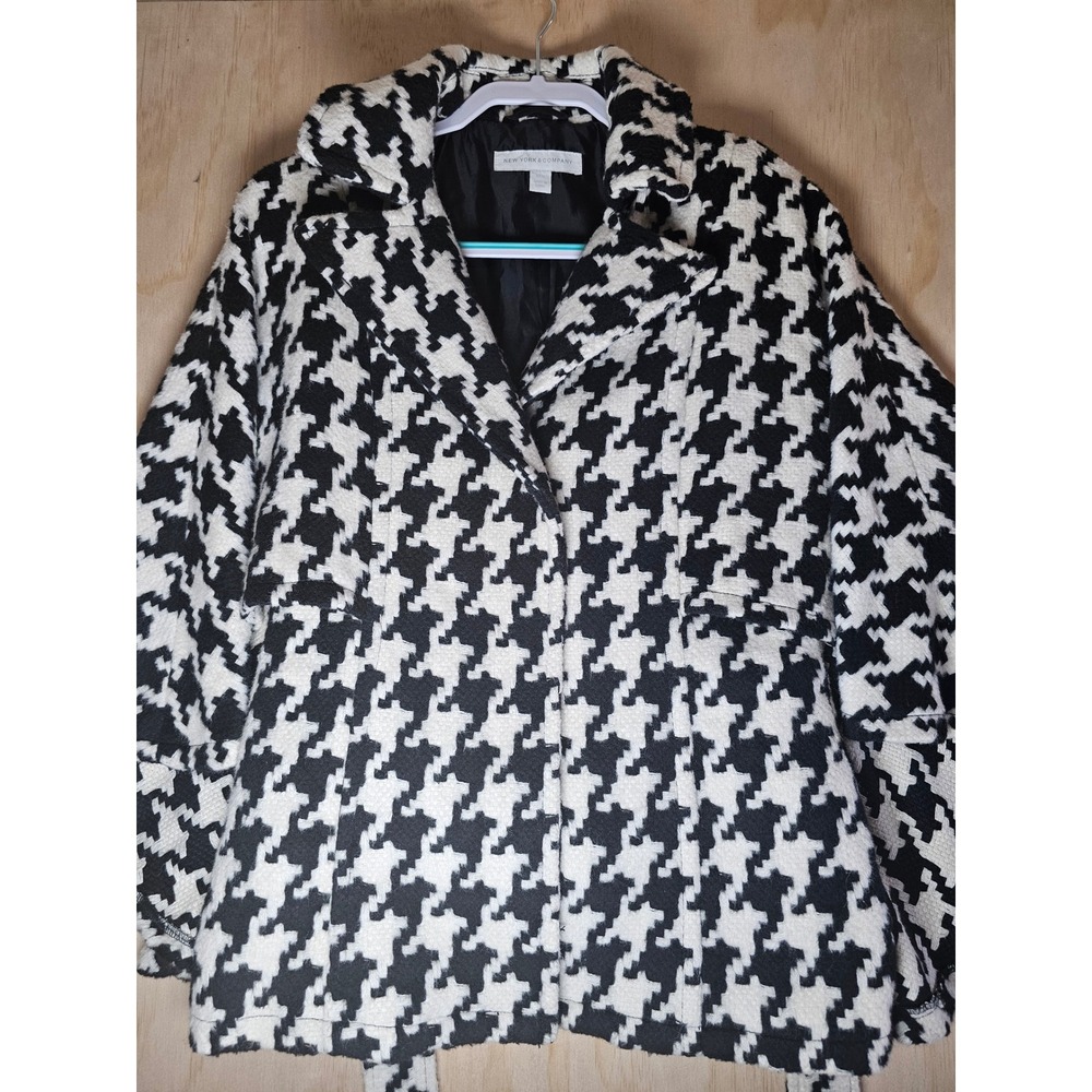 New York & Company Houndstooth Cape Coat Black White Wool Blend XS/S CN130018